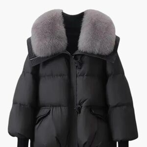 Women’s Black Puffer Coat with Gray Faux Fur Collar